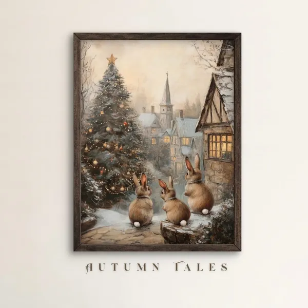 Winter Bunnies and Christmas Tree Vintage Art Print