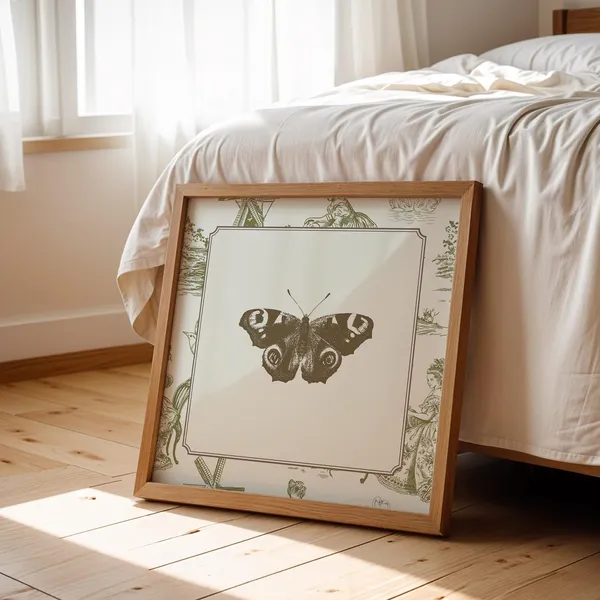 Vintage Green Toile Butterfly Art Print, Nursery Decor