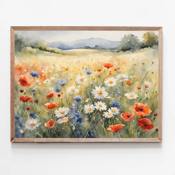 Wildflowers Meadow Watercolor Art Print, Farmhouse Decor