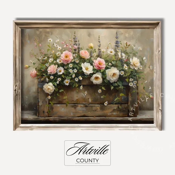 Flowers In Crate, Farmhouse Floral Wall Art Print