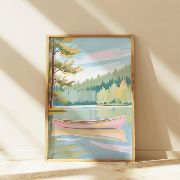 Rowboat Lake Painting, Pastel Coastal Art Print