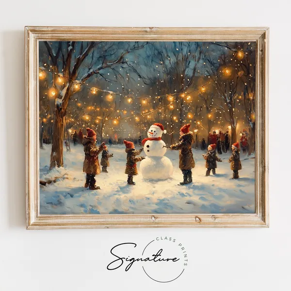 Kids Building a Snowman in Winter Woods, Holiday Art Print