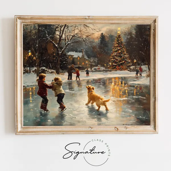 Children and Golden Retriever in Snow, Rustic Winter Art Print
