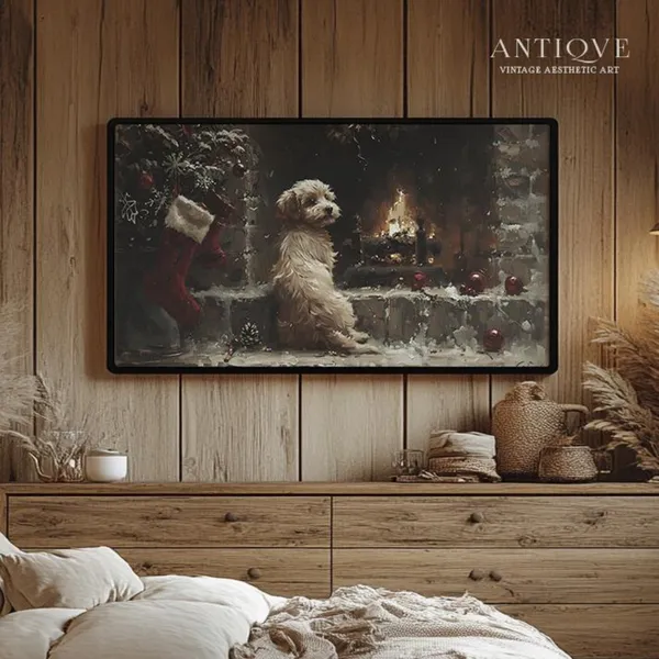 Dog By Fireplace Christmas Art Print, Cozy Holiday Decor