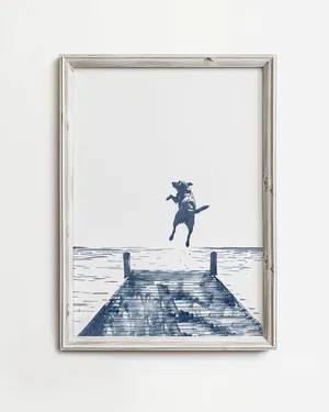 Happy Dog Jumps Off Dock, Coastal Cottage Art Print