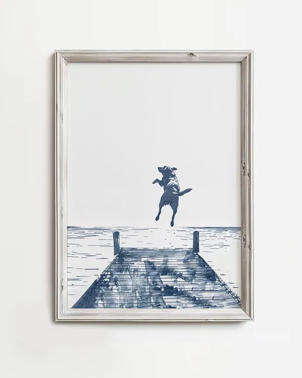 Happy Dog Jumps Off Dock, Coastal Cottage Art Print