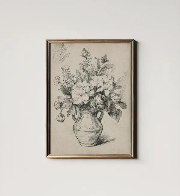 Antique French Flower Bouquet Sketch, Neutral Wall Art