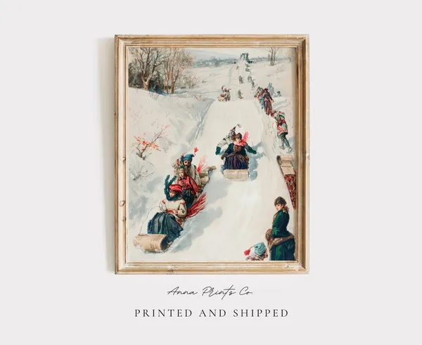 Sledding Hill Vintage Winter Landscape Art Print