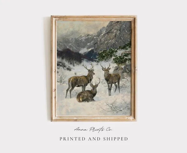 Vintage Reindeer Painting, Rustic Christmas Wall Art