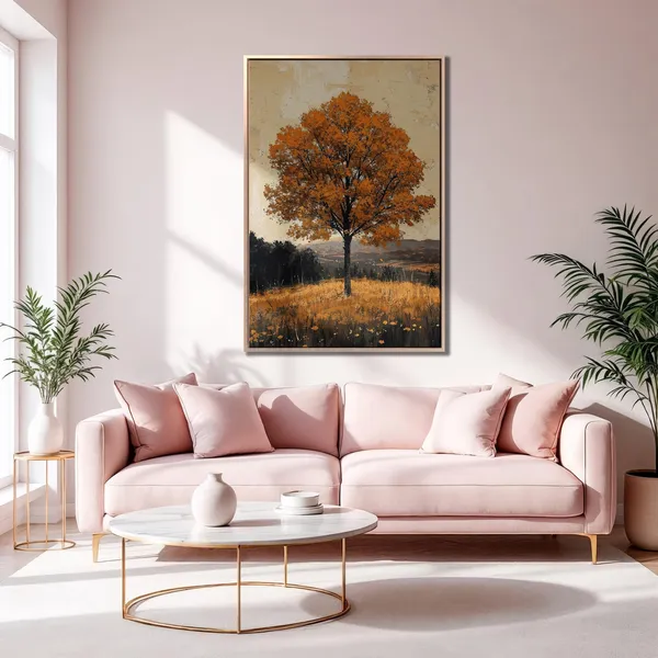 Tree with Golden Foliage, Rustic Autumn Landscape Art Print
