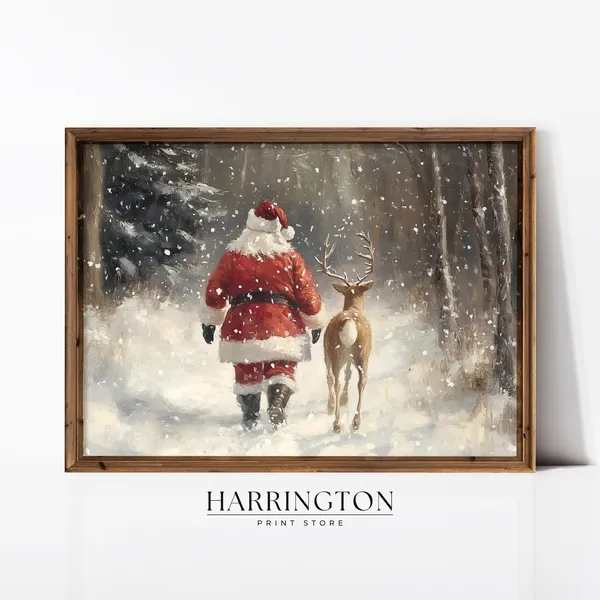 Santa Claus and Reindeer Winter Christmas Art Print