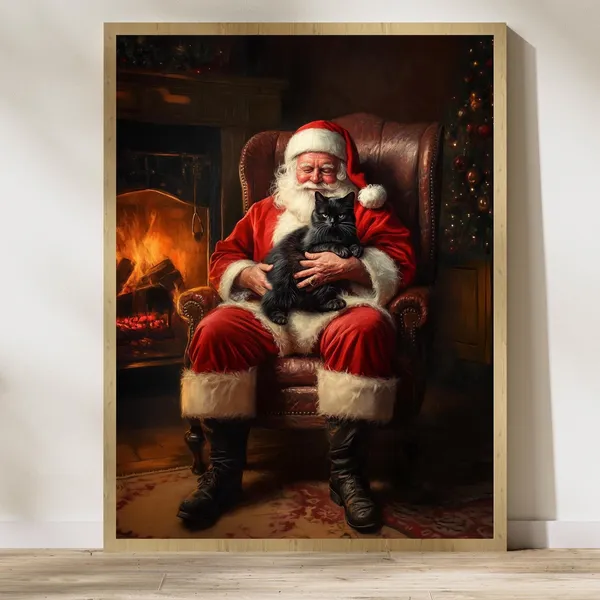 Santa Claus With Black Cat Cozy Christmas Art Print