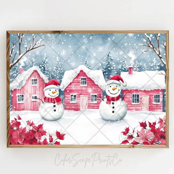Pink Christmas Village Painting, Festive House Art Print