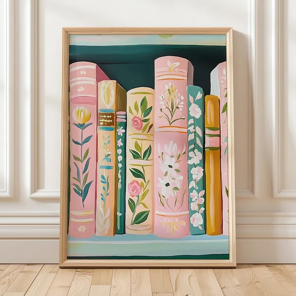 Pastel Bookshelf Vintage Floral Book Spines Art Print