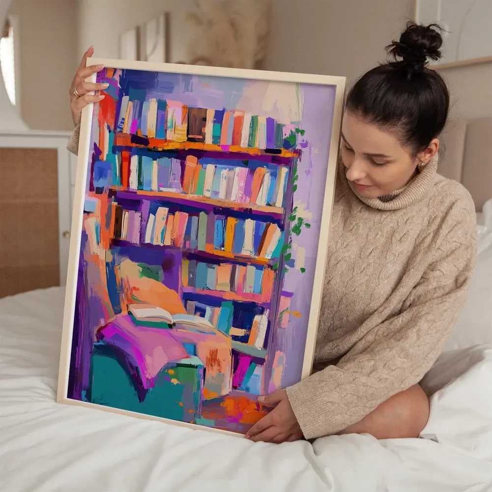 Colorful Abstract Bookshelf Art Print, Cozy Library Decor - Image 3