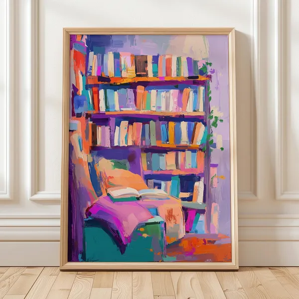 Colorful Abstract Bookshelf Art Print, Cozy Library Decor
