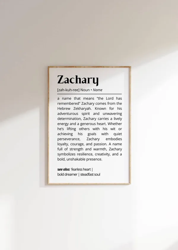 Zachary Name Definition Personalized Typography Art Print