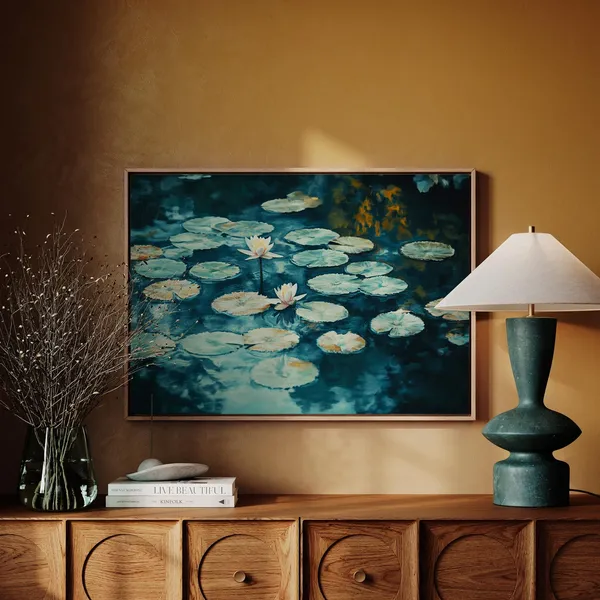 Serene Water Lily Pond Art Print, Tranquil Nature