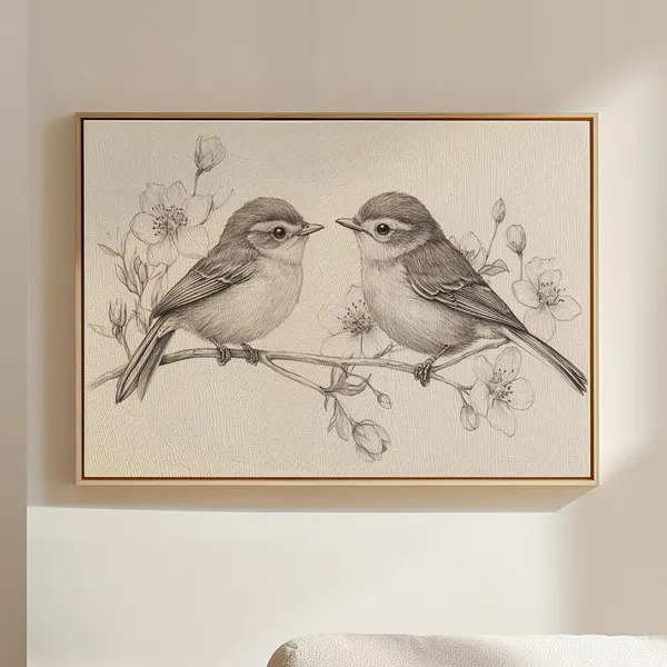 Bird Sketch Pair With Flowers, Line Drawing Art Print