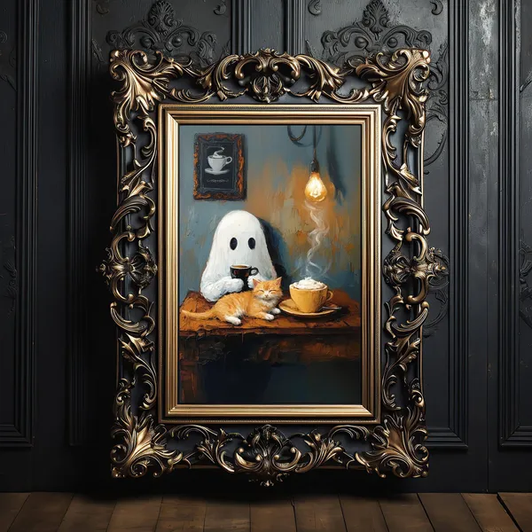 Ghost And Cat Coffee Break, Whimsigoth Kitchen Art Print
