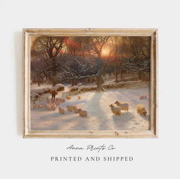 Vintage Sheep in Snowy Landscape, Winter Art Print