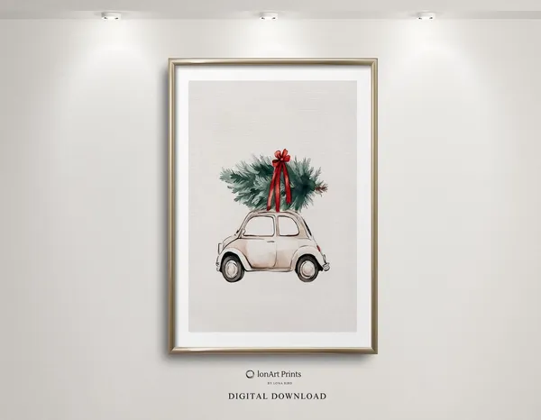 Vintage Christmas Car With Tree, Festive Watercolor Art Print