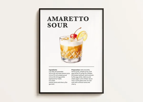 Amaretto Sour Recipe Cocktail Art Print, Bar Decor