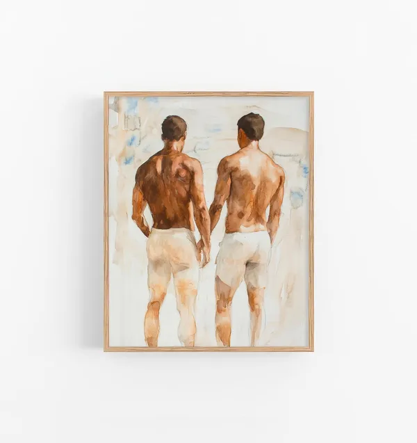 Gay Watercolor Art Print, Male Bodies Friendship