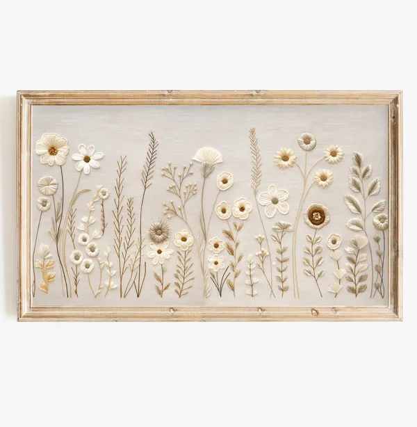 Wildflower Embroidery Neutral Farmhouse Art Print