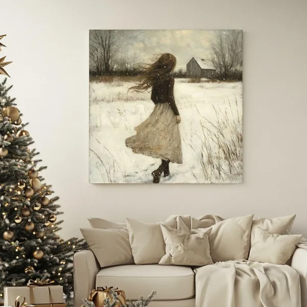 Vintage Winter Girl Art Print, Living Room Christmas Decor