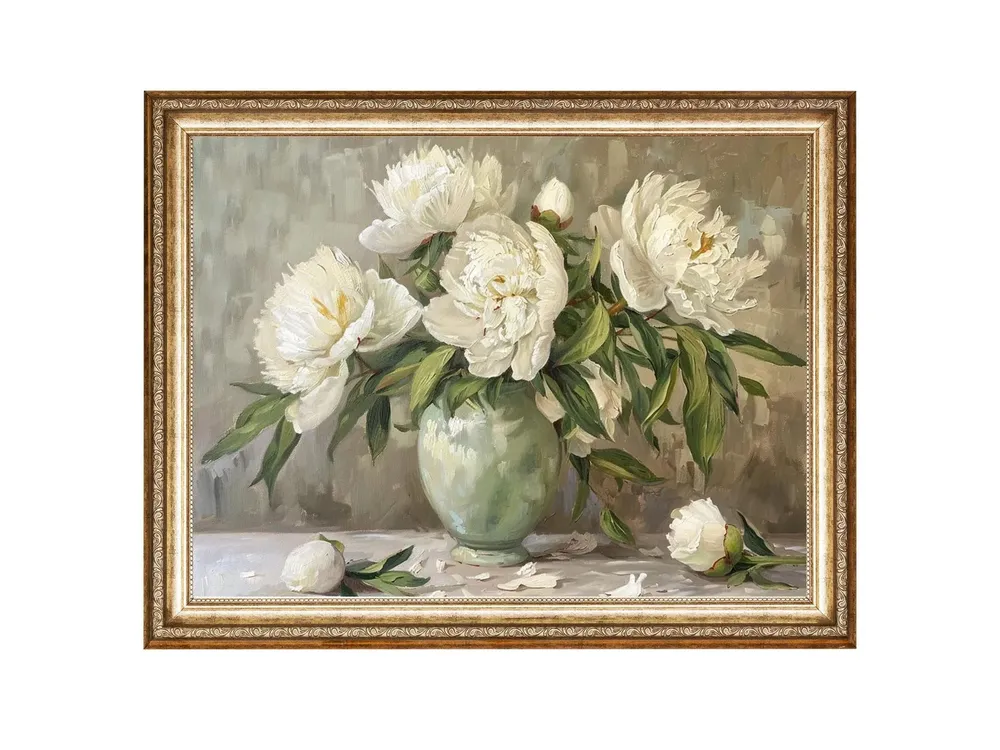 Peony Flowers in Vase, Cottage Core Vintage Art Print