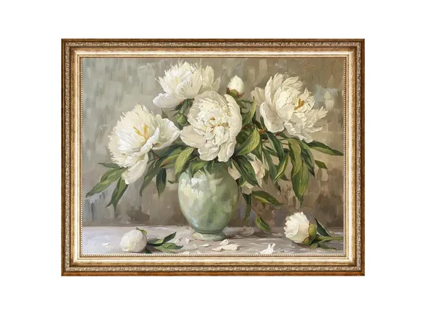Peony Flowers in Vase, Cottage Core Vintage Art Print