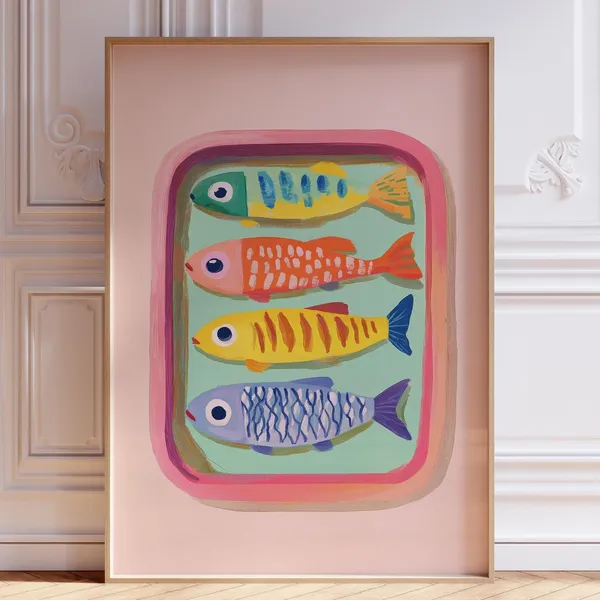 Pink Sardine Print, Retro Coastal Kitchen Art