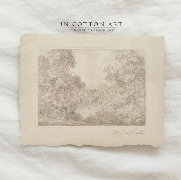 Vintage Rustic Forest Drawing, Neutral Landscape Art Print