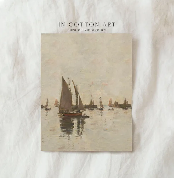 Neutral Sailboat Oil Painting, Rustic Coastal Art Print