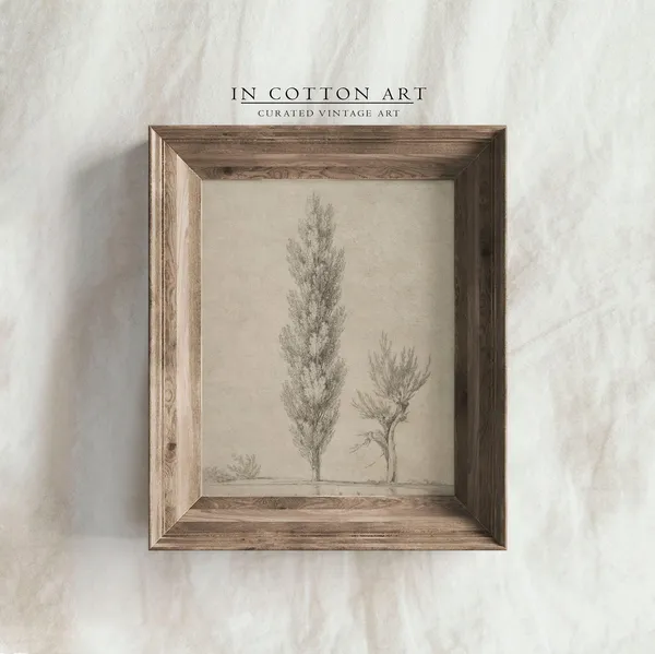 Vintage Tree Drawing, Neutral Rustic Sketch Art Print