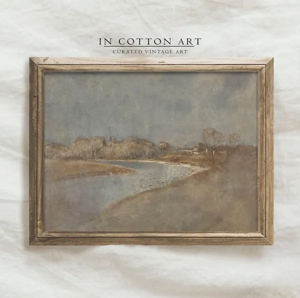 Vintage River Landscape, Neutral Earthy Art Print
