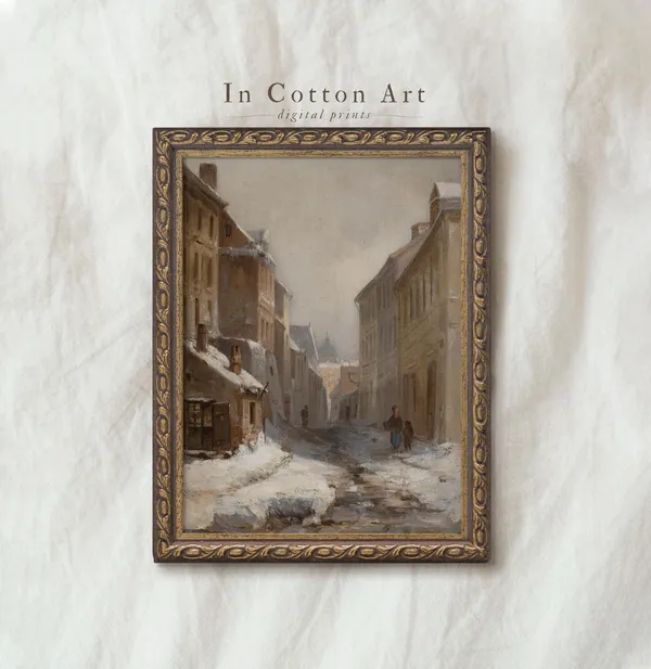 Winter Village Street Scene, Snowy Christmas Poster
