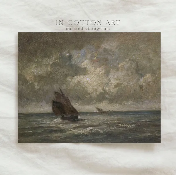 Vintage Moody Seascape Oil Painting, Dark Boat