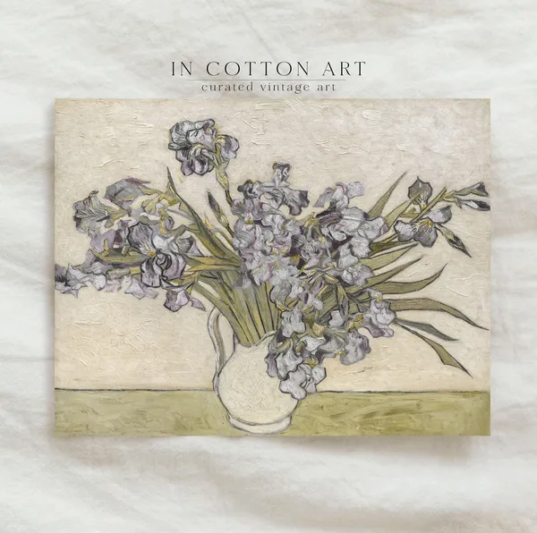 Vintage Iris Oil Painting, Rustic Farmhouse Decor