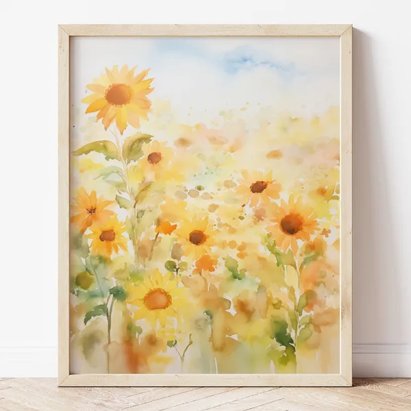Sunflower Watercolor Art Print, Vintage Abstract Floral