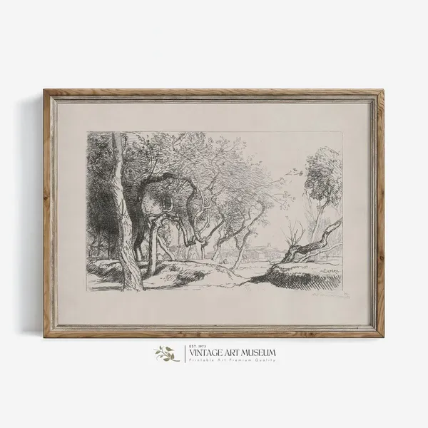 Twisted Tree Vintage Sketch Art Print, Farmhouse Decor