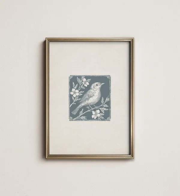 Antique Spring Blue Bird Print, Minimalist Farmhouse