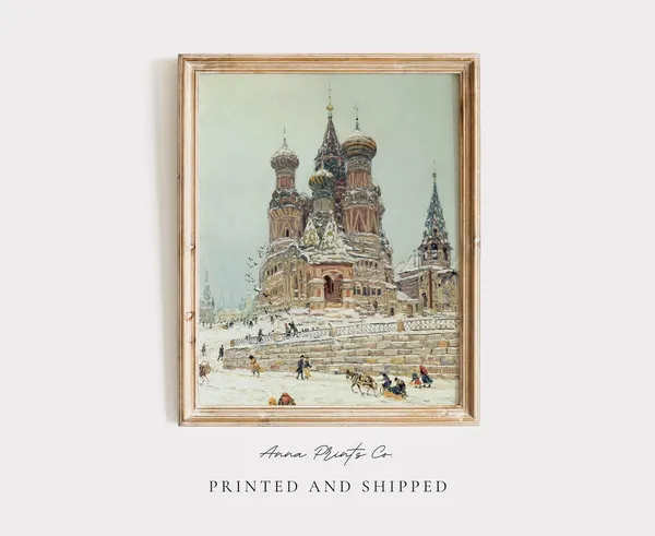 Vintage Church Of Saint Basil Winter Cityscape Art Print