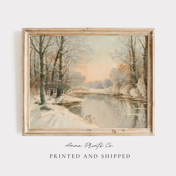 Pond In Winter Vintage Rustic Landscape Art Print