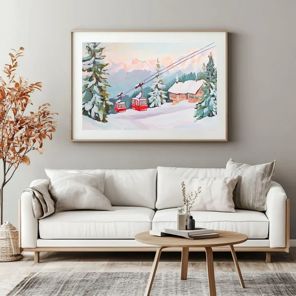 Winter Wonderland Ski Resort Art Print, Nordic Forest