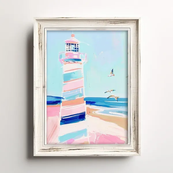 Coastal Pastel Lighthouse Pink Seascape Art Print