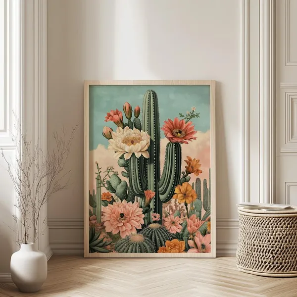 Mexican Cactus Art Print, Vintage Boho Desert Folk