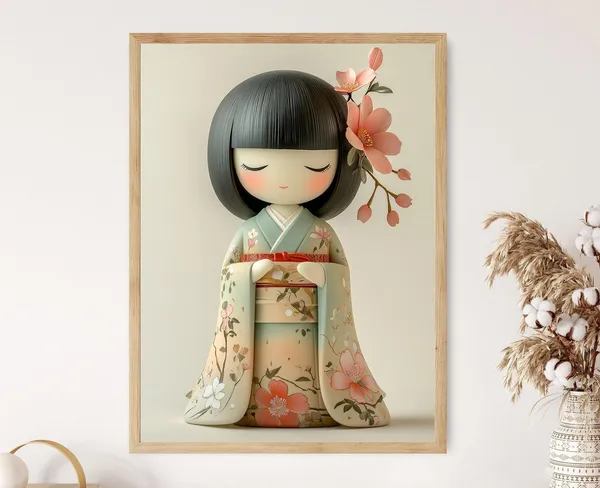 Japanese Kokeshi Doll Art Print, Traditional Kimono