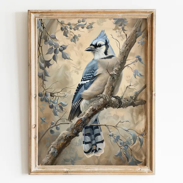 Vintage Blue Jay Bird Art Print, Rustic Farmhouse
